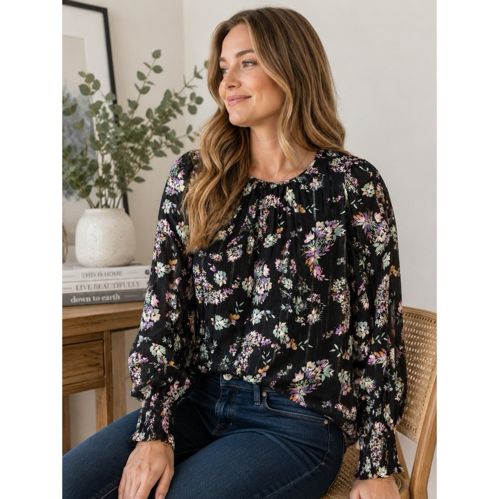 Rebecca‎ Taylor Black Floral 100% Silk Blouse Size 12 Long Sleeve Romantic Boho
